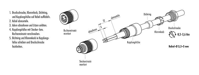 Montageanleitung M8 Kabelstecker, Polzahl: 4, 3,5-5,0 mm, ungeschirmt, löten, IP67, UL 2238