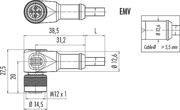 Scale drawing M12 Female angled connector, Contacts: 8, shielded, moulded on the cable, IP67, UL 2238, PUR, black, 8 x 0.25 mm², 5 m