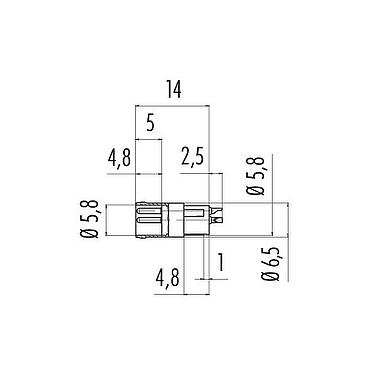 Scale drawing M8 Male receptacle, Contacts: 3, unshielded, solder, IP65