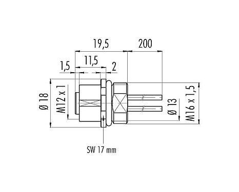 Scale drawing 09 3442 284 05 - M12 Female panel mount connector, Contacts: 5, unshielded, single wires, IP69K, M16x1.5, stainless steel