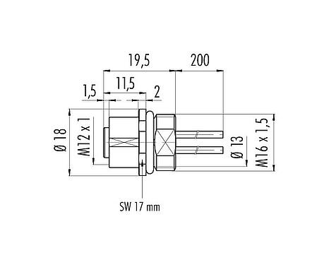 Maßzeichnung M12 Flanschdose, Polzahl: 5, ungeschirmt, Litzen, IP68/IP69K, M16x1,5, Frontmontage, für Outdoor Anwendungen, Edelstahl, UV-Beständig, vergossen