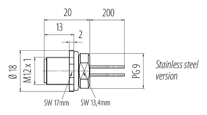 Dibujo a escala M12 Enchufe de brida, Número de contactos: 4, sin blindaje, hilos, IP68, UL 2238, PG 9, Montaje frontal, Acero inoxidable, moldeado