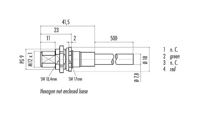 Dessin coté 70 4433 247 04 - M12 Embase mâle, Contacts: 2, blindé, assemblés avec câble, IP68, PG 9, Profibus, PUR, violet, 1 x 2 x 0,25 mm², Montage frontal, 0,5 m