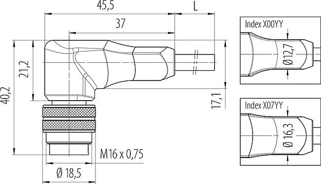 縮尺図 M16 オスアングルコネクタ, 極数: 3, シールド, モールドケーブル付き, IP67, PUR, 黒, 3x0.34mm², 2m