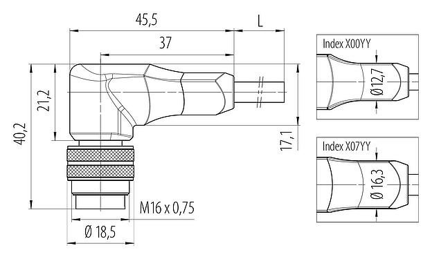 Maßzeichnung M16 Winkelstecker, Polzahl: 4, geschirmt, am Kabel angespritzt, IP67, PUR, schwarz, 4 x 0,34 mm², 5 m