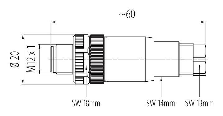 Maßzeichnung M12 Kabelstecker, Polzahl: 5, 4,0-6,0 mm, ungeschirmt, schraubklemm, IP67, UL 2238