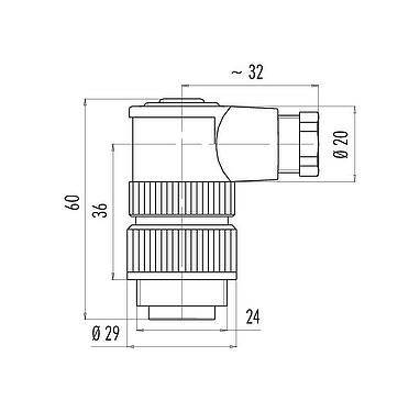 Scale drawing RD24 Male angled connector, Contacts: 6+PE, 6.0-8.0 mm, unshielded, crimping (Crimp contacts must be ordered separately), IP67, UL, ESTI+, VDE, PG 9