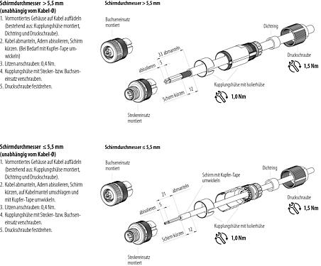 Montageanleitung M12 Kabelstecker, Polzahl: 4, 8,0-9,0 mm, schirmbar, schraubklemm, IP67, UL 2238, Irisfeder