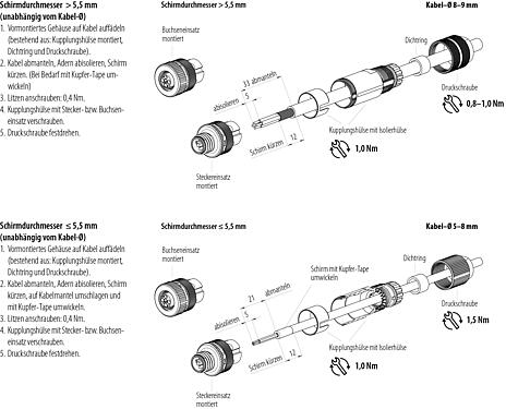 Montageanleitung M12 Kabelstecker, Polzahl: 4, 5,0-8,0 mm, schirmbar, schraubklemm, IP67, UL 2238, Irisfeder