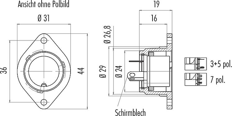 Maßzeichnung Bajonett Flanschdose, Polzahl: 3, schirmbar, löten, IP40, Frontmontage