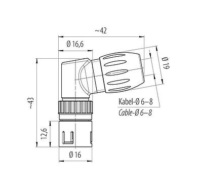 Maßzeichnung Snap-In Winkelstecker, Polzahl: 3, 6,0-8,0 mm, ungeschirmt, löten, IP67