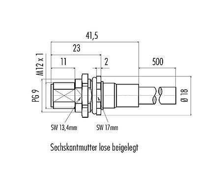 Maßzeichnung M12 Flanschstecker, Polzahl: 5, geschirmt, mit Kabel konfektioniert, IP68, PG 9, PUR, schwarz, 5 x 0,25 mm², Rückwandmontage, 0,5 m