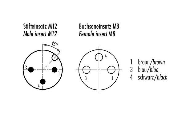 Kontaktarrangemang (anslutningssidan) 77 3608 3429 50003-0100 - M12/M8 Kabelplugg – vinkladuttag, antal poler: 3, oskärmad, fastgjuten på kabeln, IP67, PUR, svart, 3 x 0,25 mm², med LED PNP, 1 m
