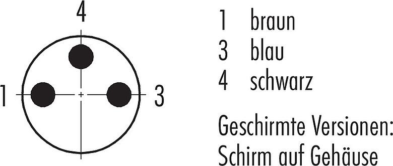 Polbild (Steckseite) M8 Kabelstecker, Polzahl: 3, geschirmt, am Kabel angespritzt, IP67, UL 2238, PVC, grau, 3 x 0,34 mm², 5 m