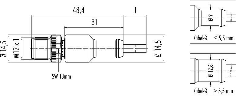 Maßzeichnung M12 Kabelstecker, Polzahl: 8, ungeschirmt, am Kabel angespritzt, IP68/IP69K, UL 2238, PVC, grau, 8 x 0,25 mm², 2 m