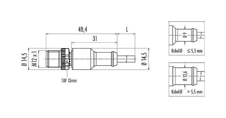 Maßzeichnung M12 Kabelstecker, Polzahl: 4, ungeschirmt, am Kabel angespritzt, IP68/IP69K, UL 2238, PVC, grau, 4 x 0,34 mm², 2 m