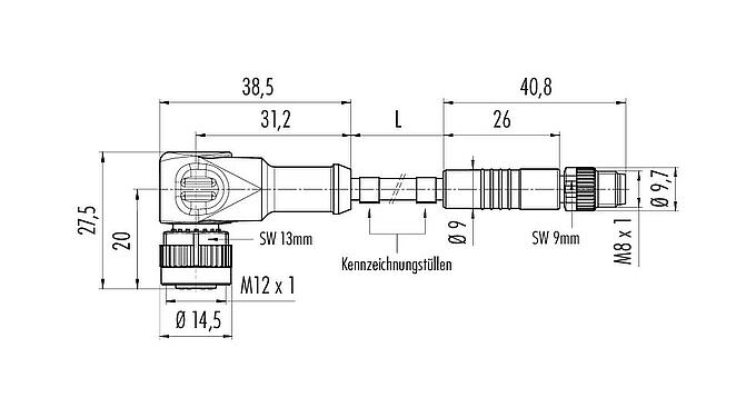 Maßzeichnung M12/M8 Kabelstecker - Winkeldose, Polzahl: 4, ungeschirmt, am Kabel angespritzt, IP67/IP69K, UL 2238, PUR, schwarz, 4 x 0,34 mm², 1 m