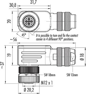 Scale drawing M12 Female angled connector, Contacts: 5, 4.0-6.0 mm, shieldable, wire clamp, IP67, with shielding ring