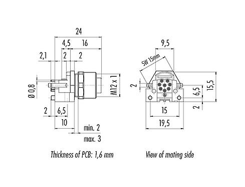 比例图 M12 孔头法兰座, 极数: 8, 可接屏蔽, THR, IP68, UL 2238, M12x1.0, 板前安装, 用于PCB组装