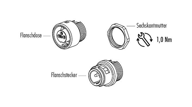 Einzelteildarstellung Bajonett Flanschdose, Polzahl: 8, ungeschirmt, löten, IP40, M10x0,75, Frontmontage