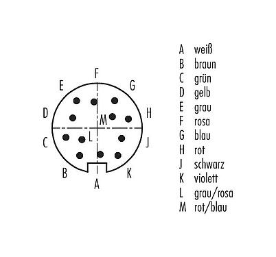 Polbild (Steckseite) 79 6329 200 12 - M16 Winkelstecker, Polzahl: 12 (12-a), geschirmt, am Kabel angespritzt, IP67, TPE-U (PUR), schwarz, 12 x 0,25 mm², 2 m