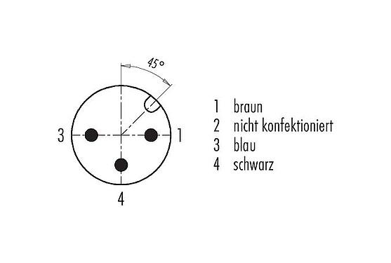 Polbild (Steckseite) 77 3734 3729 40403-0200 - M12/M12 Verbindungsleitung Winkeldose - Kabelstecker, Polzahl: 3, ungeschirmt, am Kabel angespritzt, IP69K, Ecolab, FDA konform, Spezial TPE, grau, 3 x 0,34 mm², Lebensmittelindustrie, Edelstahl, 2 m