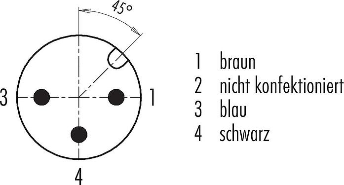Polbild (Steckseite) M12 Kabelstecker, Polzahl: 3, ungeschirmt, am Kabel angespritzt, IP68/IP69K, PUR, schwarz, 3 x 0,34 mm², für Schweißanwendungen, 2 m