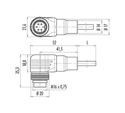 Dessin coté M16 Connecteur mâle coudé, Contacts: 5 (05-a), blindé, surmoulé sur le câble, IP67, PUR, noir, 5 x 0,25 mm², 2 m