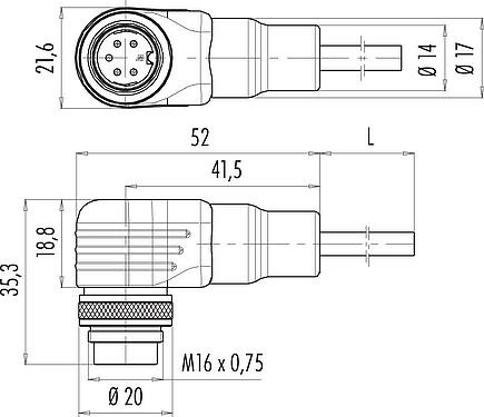 Skalritning M16 Vinkelplugg, antal poler: 14 (14-b), oskärmad, fastgjuten på kabeln, IP67, PUR, svart, 8 x 0,25 mm² / 2 x 0,50 mm², 2 m