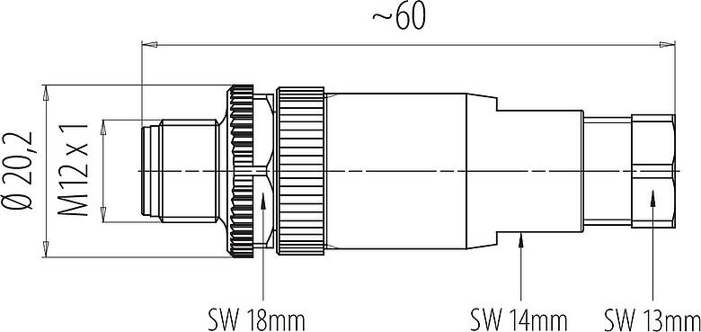 Maßzeichnung M12 Kabelstecker, Polzahl: 3, 4,0-6,0 mm, ungeschirmt, schraubklemm, IP67, UL 2238