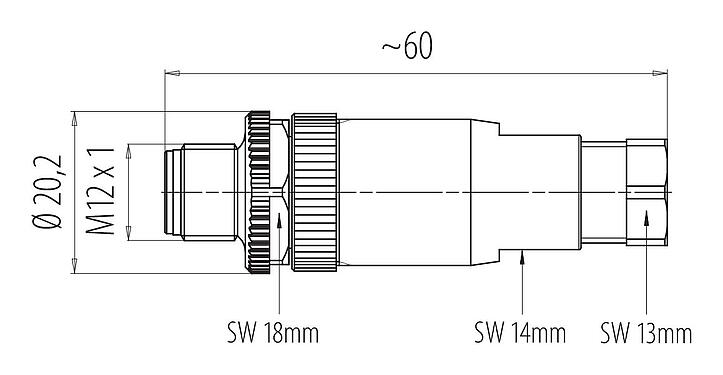 Desenho da escala 99 0429 314 04 - M12 Plugue de cabo, Contatos: 4, 2,5-3,5 mm, desprotegido, pinça de parafuso, IP67