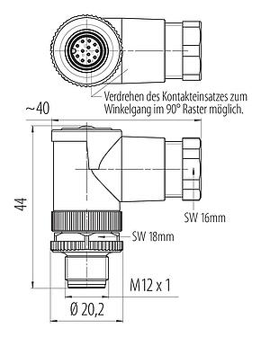 Maßzeichnung M12 Winkelstecker, Polzahl: 12, 6,0-8,0 mm, ungeschirmt, löten, IP67, UL 2238