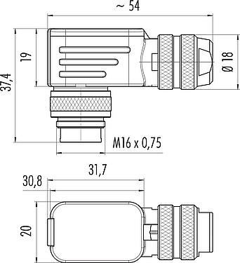 스케일 드로잉 M16 각진 플러그, 콘택트 렌즈: 8 (08-a), 4.0-6.0mm, 차폐 가능, 크림프(크림프 접점은 별도로 주문해야 함), IP67, UL 2238