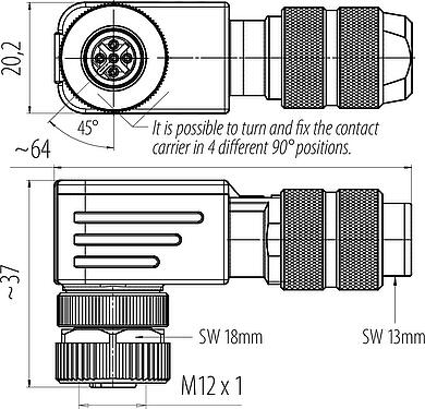 스케일 드로잉 M12 각진 소켓, 콘택트 렌즈: 4, 5.0-8.0mm, 차폐 가능, 나사 클램프, IP67, UL 2238, 아이리스 스프링