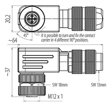 比例圖 M12 彎角孔頭電纜連接器, : 4, 5.0-8.0mm, 可接遮罩, 螺釘接線, IP67, UL 2238, 虹膜彈簧