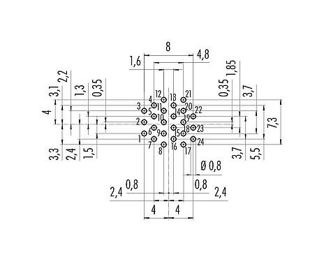 Leiterplattenlayout 09 0498 90 24 - M16 Flanschdose, Polzahl: 24, ungeschirmt, THT, IP67, UL, von vorne verschraubbar