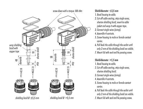 装配说明 99 1434 820 04 - M12 弯角孔头电缆连接器, 极数: 4, 5.0-8.0mm, 可接屏蔽, 压接（压接触点必须单独订购）, IP67, UL