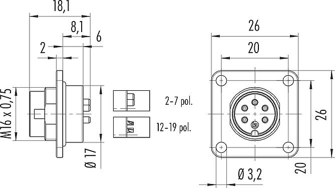 Scale drawing M16 Square male panel mount connector, Contacts: 19 (19-a), unshielded, solder, IP67, UL 2238, M3 (4x), Front mounting