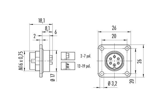 Scale drawing M16 Square male panel mount connector, Contacts: 12 (12-a), unshielded, solder, IP67, UL 2238, M3 (4x), Front mounting