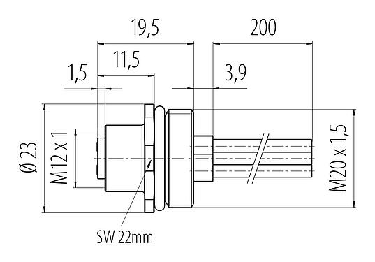 Dessin coté M12 Embase femelle, Contacts: 4, non blindé, fils, IP68, UL 2238, M20x1,5, Montage frontal, coulé