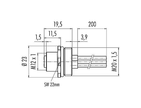Scale drawing 09 0632 642 04 - M12 Female panel mount connector, Contacts: 4, unshielded, single wires, IP68, UL, VDE, M20x1.5