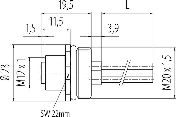 Масштабный чертеж M12 Фланцевая розетка, Количество полюсов: 4, не экранированный, одножильные провода, IP68, UL 2238, M20x1,5, Фронтальное крепление, литой