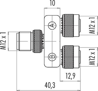 Scale drawing M12 Twin distributors, Y-distributor, male connector - 2 female connector, Contacts: 5, unshielded, pluggable, IP68, UL 2238