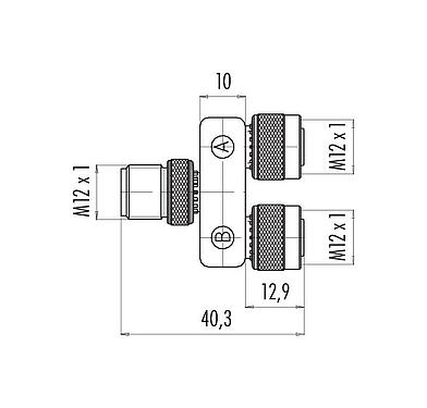 Scale drawing M12 Twin distributors, Y-distributor, male connector - 2 female connector, Contacts: 5, unshielded, pluggable, IP68, UL 2238