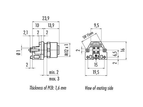 Dessin coté 99 3432 458 04 - M12 Embase femelle, Contacts: 4, blindable, THR, IP68, UL 2238, M12x1,0, Montage frontal, pour assemblage PCB