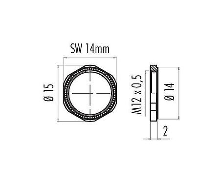 Scale drawing 01 0013 001 - M9 IP67 - Hex nut with 2mm knurl