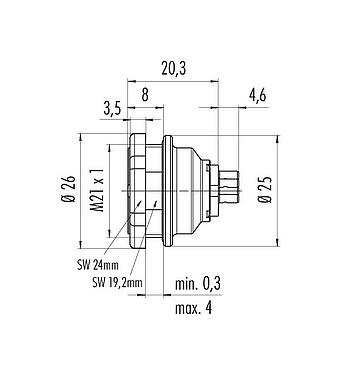 Scale drawing Push Pull Male panel mount connector, Contacts: 6, unshielded, solder, IP67, M21x1,0, Rear mounting