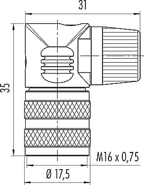 Scale drawing M16 Female angled connector, Contacts: 16, 6.0-8.0 mm, unshielded, solder, IP40