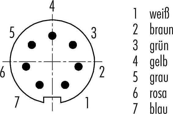 Polbild (Steckseite) M9 Kabelstecker, Polzahl: 7, geschirmt, am Kabel angespritzt, IP67, PUR, schwarz, 8 x 0,14 mm², 2 m