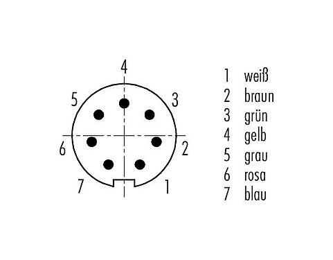 Polbild (Steckseite) 79 1421 75 07 - M9 Winkelstecker, Polzahl: 7, geschirmt, am Kabel angespritzt, IP67, PUR, schwarz, 8 x 0,14 mm², 5 m